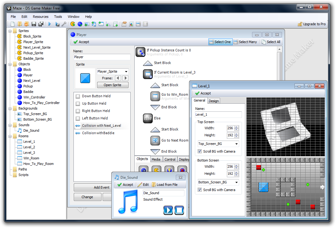 DS Game Maker's Interface with mutiple panels opens.