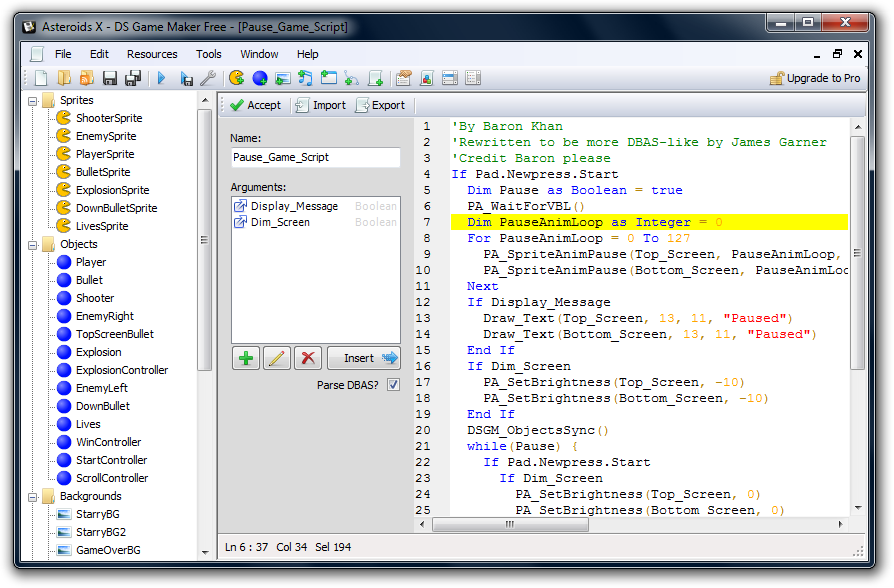 Ds Game Maker's Script Editing Window